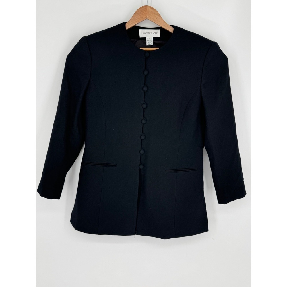 Vtg Jones New York Wool Black 8-Button Blazer Jacket Womens Sz 12 Made in USA F4